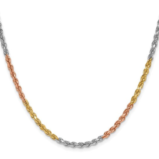14K Tri-Color Gold Chain, 24 Inch, 3mm, Diamond-Cut Rope Style with Lobster Clasp