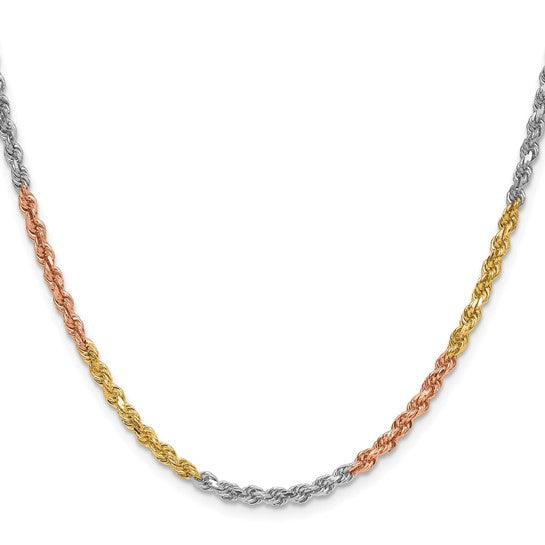 Cadena de Oro Tri-Color de 14K, 24 Pulgadas, 3 mm, Estilo Cuerda con Corte Diamante y Cierre de Langosta