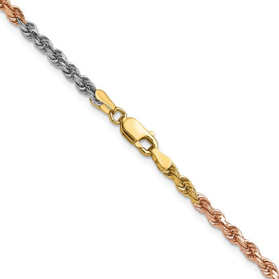 14K Tri-Color Gold Chain, 24 Inch, 3mm, Diamond-Cut Rope Style with Lobster Clasp