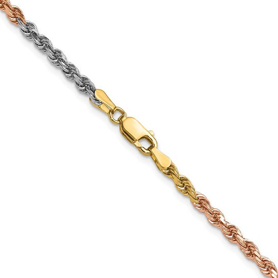 14K Tri-Color Gold Chain, 24 Inch, 3mm, Diamond-Cut Rope Style with Lobster Clasp