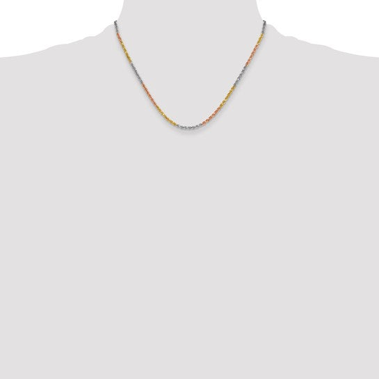 Cadena de Cuerda Tricolor con Corte Diamantado en Oro de 14K, 18 Pulgadas y 3 mm con Cierre de Langosta