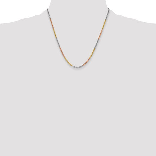 Cadena de Cuerda Tri-color 14K de 20 pulgadas 3mm Cortada a Diamante con Cierre de Langosta