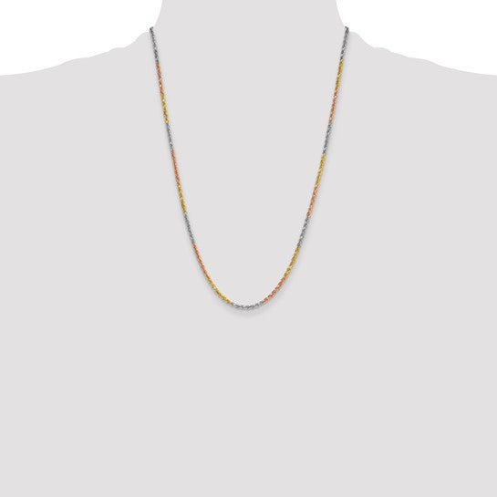 14K Tri-Color Gold Chain, 24 Inch, 3mm, Diamond-Cut Rope Style with Lobster Clasp