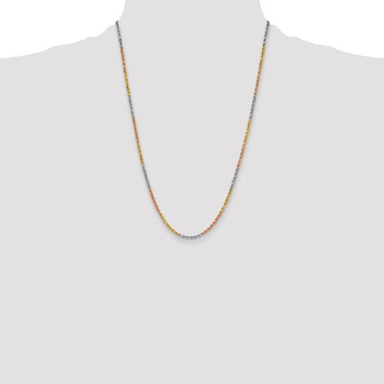 14K Tri-Color Gold Chain, 24 Inch, 3mm, Diamond-Cut Rope Style with Lobster Clasp