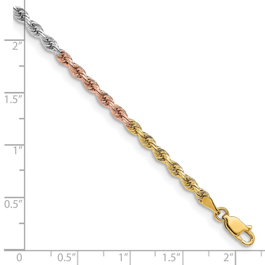 Pulsera de Cuerda de 14k Oro Tricolor de 7 Pulgadas y 3mm con Cierre de Langosta