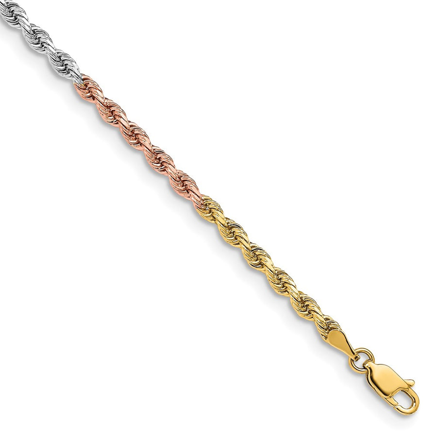 Pulsera de Cuerda de 14k Oro Tricolor de 7 Pulgadas y 3mm con Cierre de Langosta