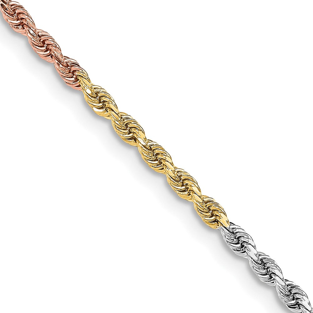 14K Tri-Color Gold Chain, 24 Inch, 3mm, Diamond-Cut Rope Style with Lobster Clasp