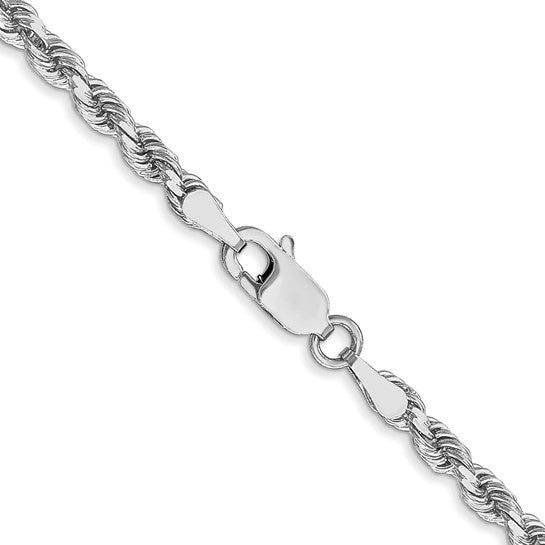 Cadena de Cuerda con Corte Diamantado en Oro Blanco de 14K, 24 Pulgadas, 3 mm con Cierre Tipo Langosta