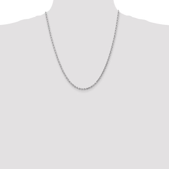 Cadena de Cuerda Diamantada de Oro Blanco de 14K – 22 pulgadas, 3 mm, con Cierre Tipo Langosta