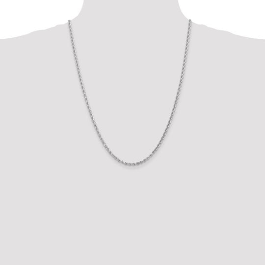 Cadena de Cuerda en Oro Blanco de 10K, 24 pulgadas, 3 mm, Corte Diamante, con Cierre de Langosta