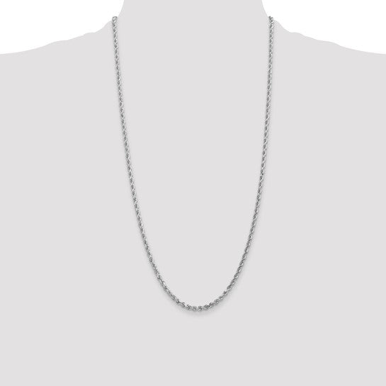Cadena de Cuerda en Oro Blanco de 14K, 3 mm, Corte Diamante, 28 pulgadas, con Cierre de Langosta