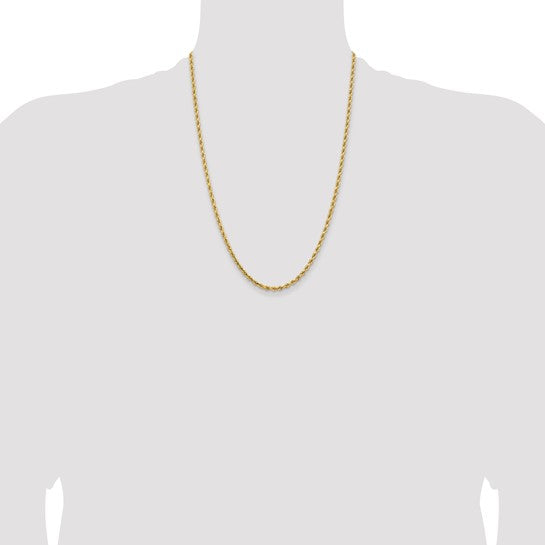 Cadena de Oro Amarillo de 14K — 24 pulgadas, 3.25 mm, Estilo Cuerda Maciza con Cierre de Langosta y Corte Diamantado