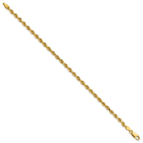  Pulsera de Oro Amarillo de 14K — 7 pulgadas, 3.25 mm, Estilo Cuerda con Corte Diamante y Cierre de Langosta