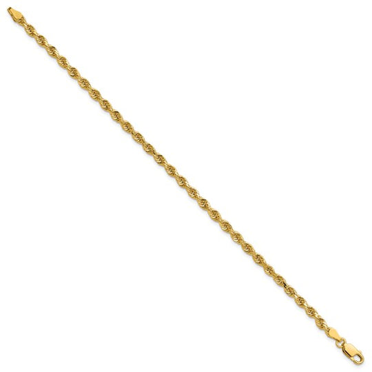  Pulsera de Oro Amarillo de 14K — 7 pulgadas, 3.25 mm, Estilo Cuerda con Corte Diamante y Cierre de Langosta
