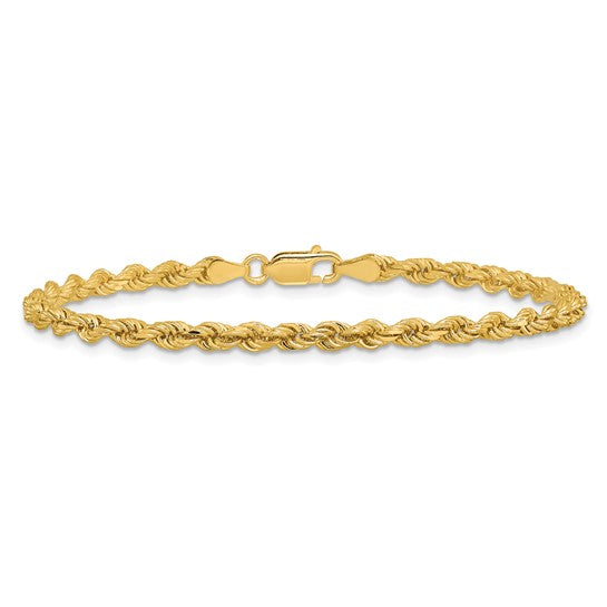  Pulsera de Oro Amarillo de 14K — 7 pulgadas, 3.25 mm, Estilo Cuerda con Corte Diamante y Cierre de Langosta