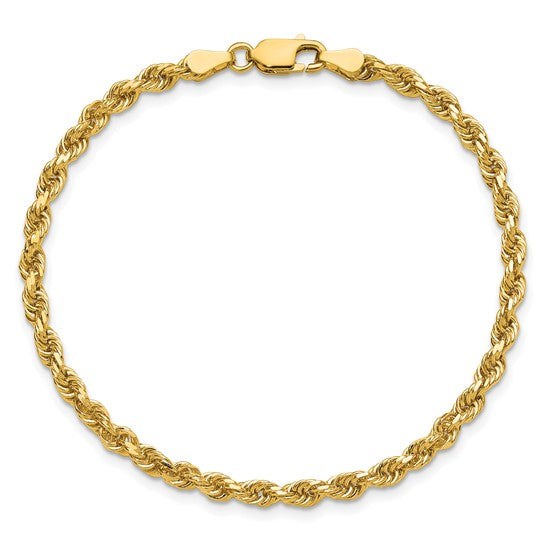  Pulsera de Oro Amarillo de 14K — 7 pulgadas, 3.25 mm, Estilo Cuerda con Corte Diamante y Cierre de Langosta