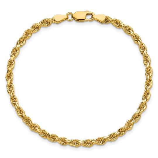  Pulsera de Oro Amarillo de 14K — 7 pulgadas, 3.25 mm, Estilo Cuerda con Corte Diamante y Cierre de Langosta