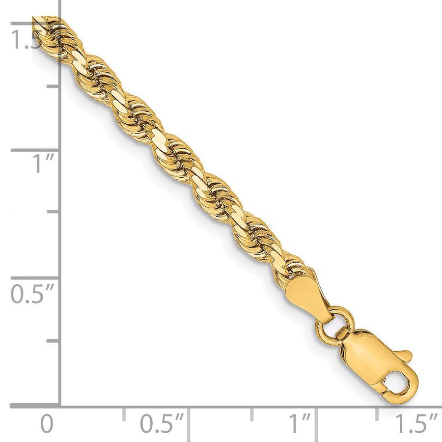 Cadena de Cuerda de Oro Amarillo de 14K – 9 Pulgadas, 3.25 mm con Cierre Langosta