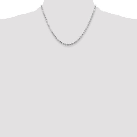 Cadena de Cuerda Corte Diamante en Oro Blanco de 10k – 3.25 mm, 18 Pulgadas, con Cierre Langosta