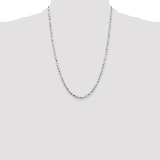 Cadena de Cuerda con Corte Diamantado de 14k Oro Blanco, 24 pulgadas, 3.25 mm con Cierre de Langosta