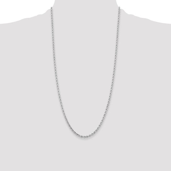 Cadena de Cuerda con Corte Diamantado en Oro Blanco de 14K, 28 Pulgadas, 3.25 mm con Cierre Tipo Langosta