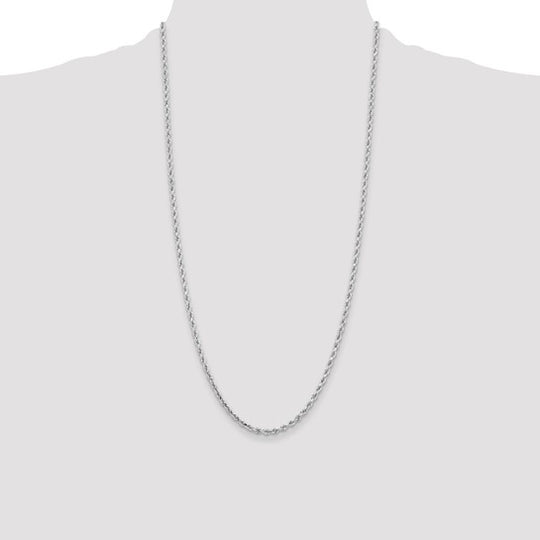 Cadena de Cuerda con Corte Diamantado en Oro Blanco de 14K, 28 Pulgadas, 3.25 mm con Cierre Tipo Langosta