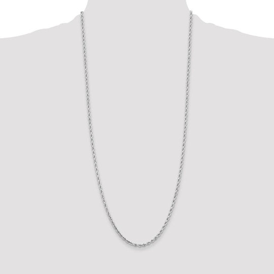 Cadena de Cuerda con Corte Diamantado en Oro Blanco de 14K – 30 Pulgadas, 3.25 mm con Cierre de Langosta