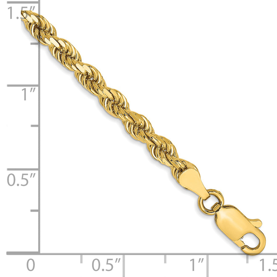 Tobillera de Cuerda con Corte Diamantado en Oro Amarillo de 14K, 9 Pulgadas, 3.5 mm con Cierre Tipo Langosta