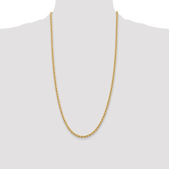 Cadena de Cuerda Regular de Oro Amarillo de 14K – 28 Pulgadas, 3.65 mm con Cierre Langosta