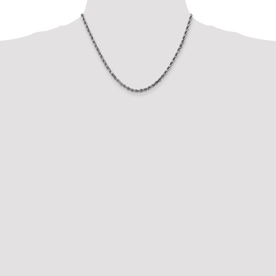 Cadena de Oro Blanco de 14K — 18 pulgadas, 3.5 mm, Estilo Cuerda con Corte Diamante y Cierre de Langosta