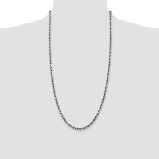 Cadena de Cuerda Corte Diamante en Oro Blanco de 14K – 28 Pulgadas, 3.5 mm con Cierre Tipo Langosta