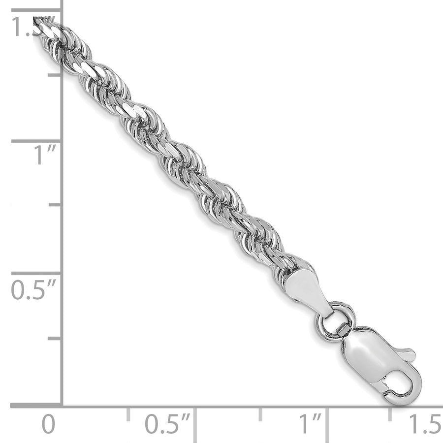 Tobillera de Cadena de Cuerda de Oro Blanco de 14K de 9 Pulgadas y 3.5 mm con Broche de Langosta y Corte de Diamante