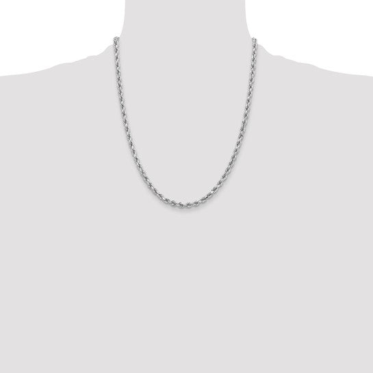 Cadena de Cuerda Corte Diamante en Oro Blanco de 14K – 22 Pulgadas, 3.75 mm con Cierre Tipo Langosta