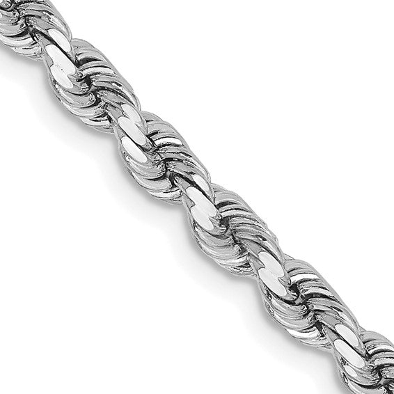 Cadena de Cuerda Corte Diamante en Oro Blanco de 14K – 22 Pulgadas, 3.75 mm con Cierre Tipo Langosta