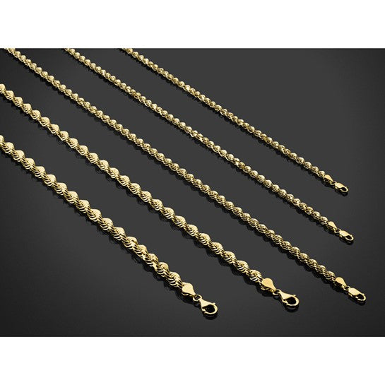 Cadena de Cuerda de 14K, 24 Pulgadas, 6.5 mm con Corte Diamante y Broche de Langosta Decorativo