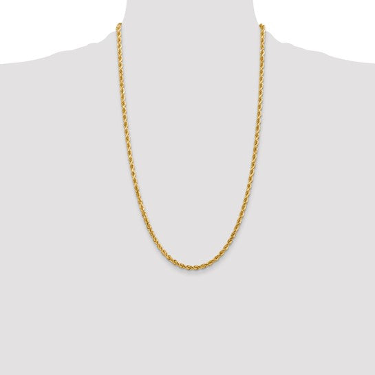 Cadena de Cuerda de Oro Amarillo de 14K, 26 pulgadas, 4 mm con Cortado en Diamante y Cierre de Langosta