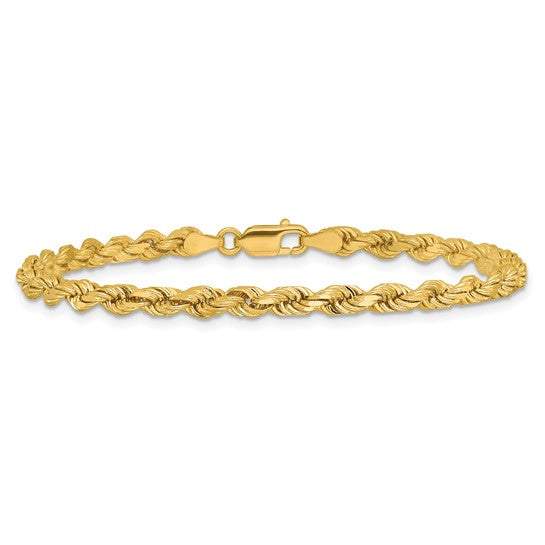 Tobillera 14K Oro Amarillo 9 Pulgadas 4mm Cadena de Cuerda con Corte Diamante y Cierre de Langosta