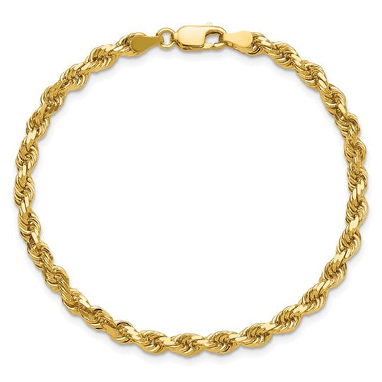 Cadena de Pulsera de 14K, 7 pulgadas, Estilo Cuerda de 4 mm con Corte Diamante y Cierre de Langosta