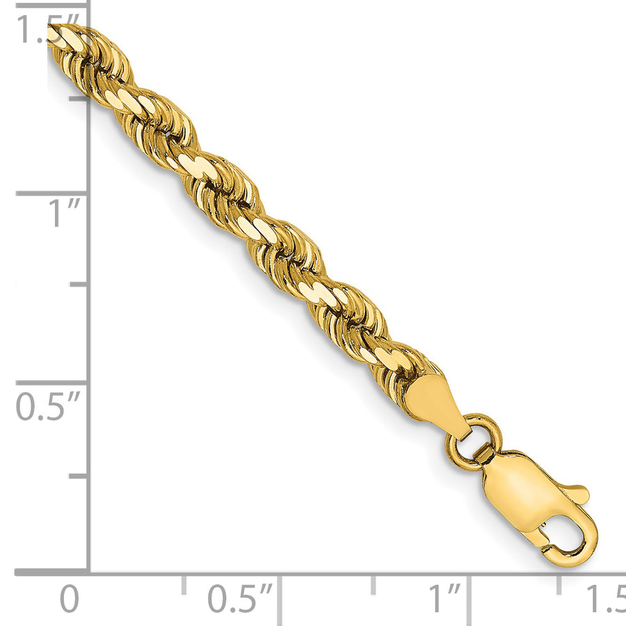 Tobillera 14K Oro Amarillo 9 Pulgadas 4mm Cadena de Cuerda con Corte Diamante y Cierre de Langosta