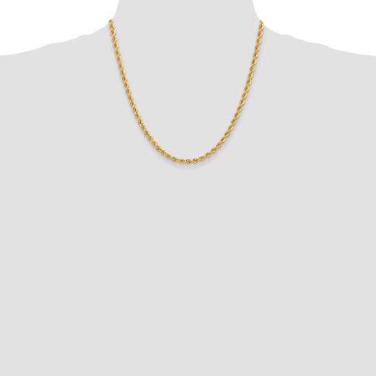 Cadena de Cuerda 14K Oro Amarillo 4 mm Regular – 20 Pulgadas con Broche Langosta