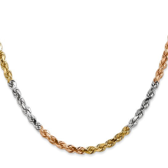 Cadena de Cuerda de 14K Tricolor de 24 pulgadas y 4 mm con Cierre de Langosta y Corte Diamante