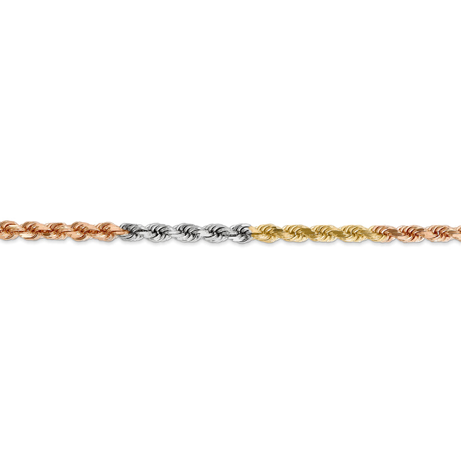 Cadena de Oro Tri-color de 14K, 20 pulgadas, 4 mm, Corte Diamante con Cierre de Langosta