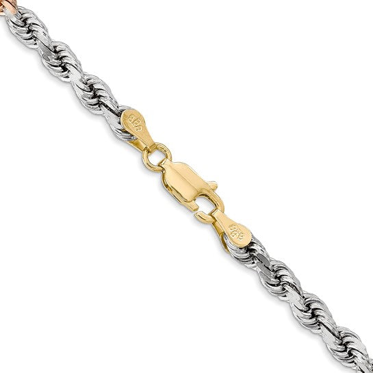 Cadena de Cuerda de 14K Tricolor de 24 pulgadas y 4 mm con Cierre de Langosta y Corte Diamante