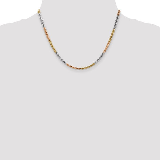 14k Tri-Color Gold Rope Chain, 18 inches, 4 mm, Diamond Cut with Lobster Clasp
