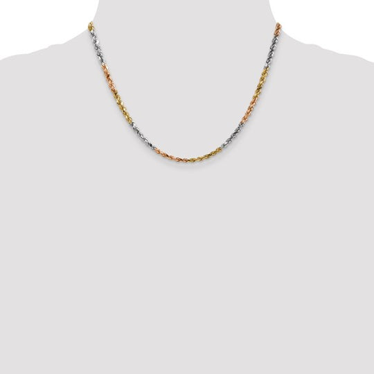 14k Tri-Color Gold Rope Chain, 18 inches, 4 mm, Diamond Cut with Lobster Clasp