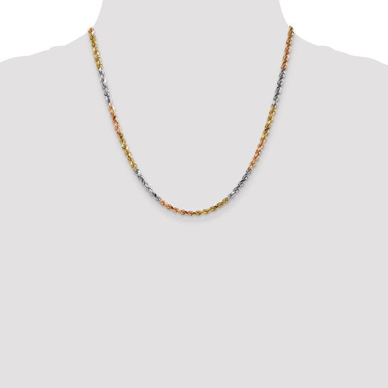 14K Tri-Color Gold Chain, 20 inches, 4mm, Diamond Cut with Lobster Clasp