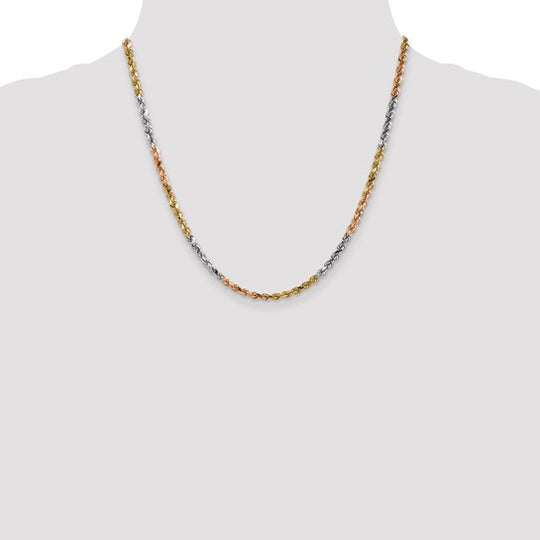 14K Tri-Color Gold Chain, 20 inches, 4mm, Diamond Cut with Lobster Clasp