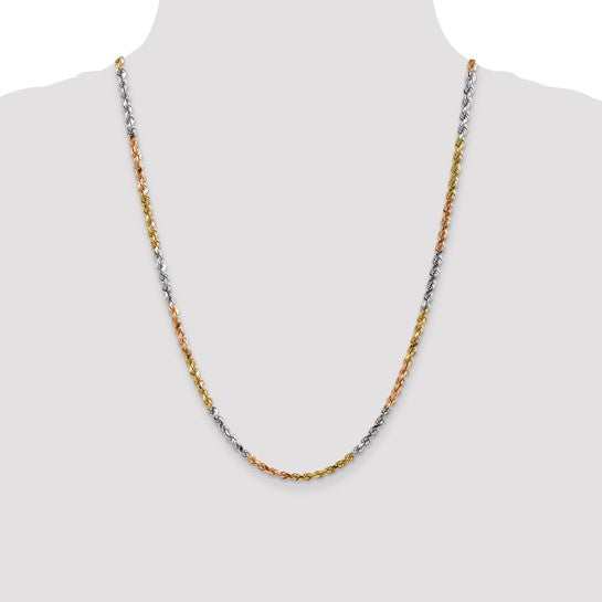 14K Tri-Color 24 Inch 4mm Diamond Cut Lobster Clasp Rope Chain