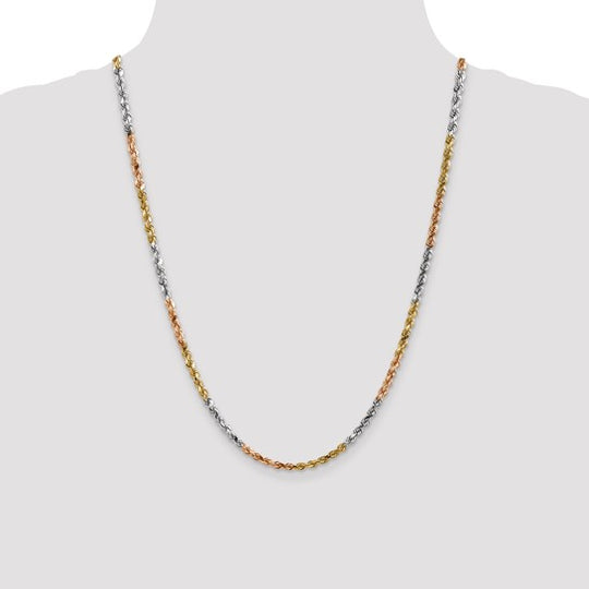 14K Tri-Color 24 Inch 4mm Diamond Cut Lobster Clasp Rope Chain