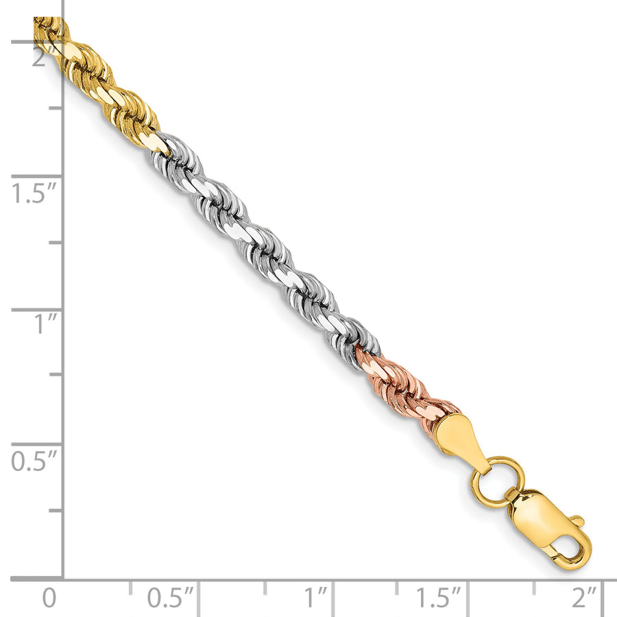 Pulsera de Cuerda Corte Diamante en Oro Tricolor de 14K – 4 mm, 8 Pulgadas, con Broche Langosta